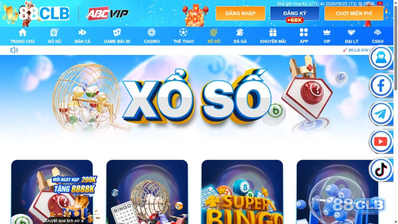 Giao diện xổ số lô đề và Keno tại 88CLB